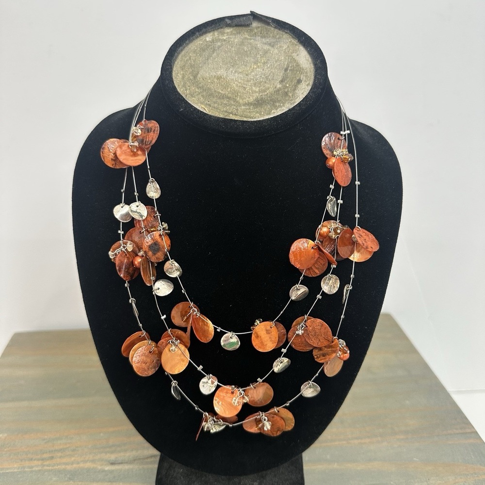 Vintage Wispy Demure Shell Multi Strand‎ Necklace Dyed Shells Orange Tone Beaded